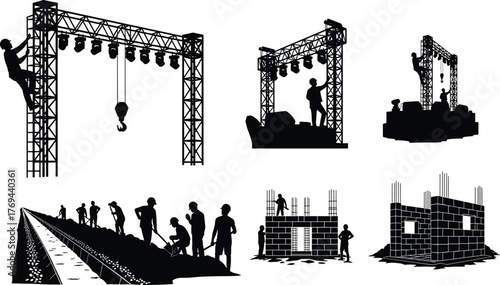 Silhouette vector illustration of workers building stage truss, installing lights, road construction, scaffolding, teamwork, safety, engineering, architecture, infrastructure, and industry