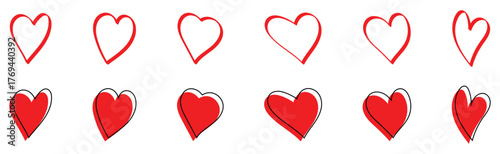 Vintage hand-made abstract heart icons set on isolated page. Modern graphical outline heart set. EPS 10. 