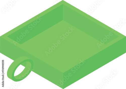 Isometric view of an empty green square container featuring a ring handle, possibly for storage or transport