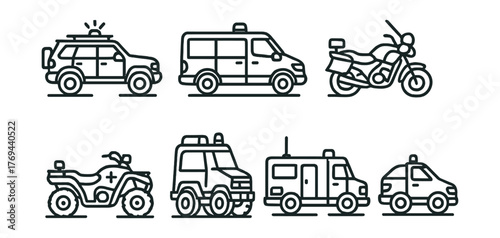 Series of vehicles including a police car, ambulance, and truck