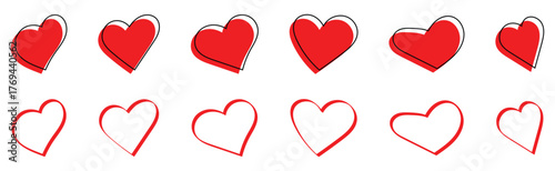 Vintage hand-made abstract heart icons set on isolated page. Modern graphical outline heart set. EPS 10. 