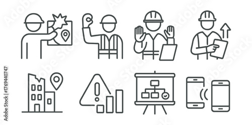 Series of construction worker icons, including a man holding a map
