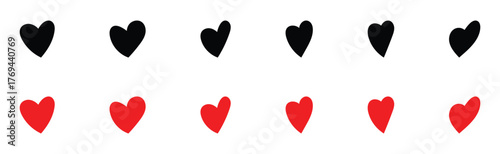  Abstract graphical doodle love icon drawing. Isolated Red and Black love heart icon set on white background. Modern hand-drawn valentines love icon set. 