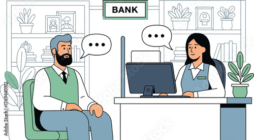 Man consults with female bank teller at counter, discussing finances with communication bubbles above.