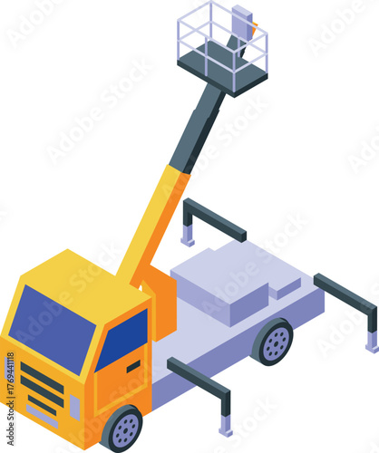 Yellow lifting platform truck extending its hydraulic arm, prepared for high altitude maintenance or construction work