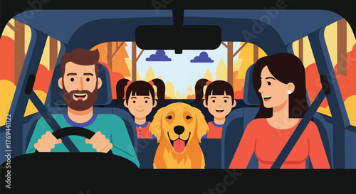 Happy family enjoying a scenic autumn road trip with their beloved dog.