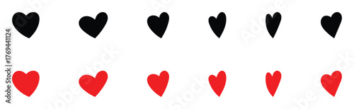  Abstract graphical doodle love icon drawing. Isolated Red and Black love heart icon set on white background. Modern hand-drawn valentines love icon set. EPS 10.