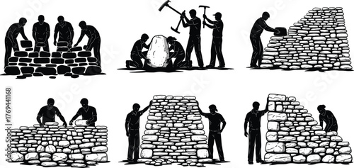 Silhouette vector illustration of workers building stone wall with tools, teamwork, craftsmanship, masonry, construction process, safety, architecture, repair, and industry
