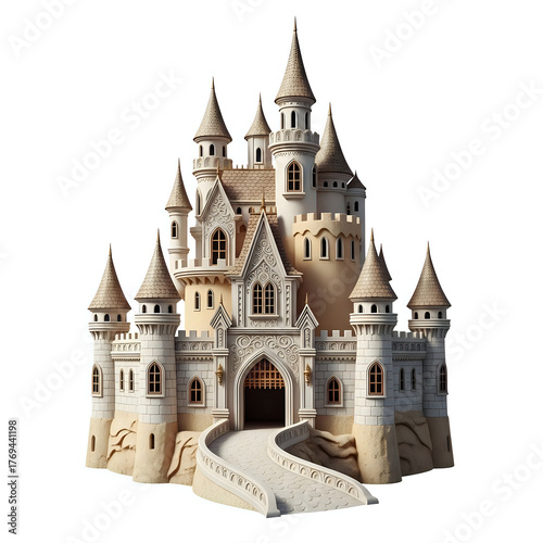 A detailed fairytale castle with many towers and a bridge on a white isolated background view image