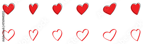 Valentine-day special collection of hand drawn love icons. Vintage hand-made abstract heart icons set on isolated page. Modern graphical outline heart set. EPS 10. 