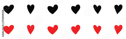  Abstract graphical doodle love icon drawing. Isolated Red and Black love heart icon set on white background. Modern hand-drawn valentines love icon set. EPS 10.