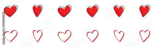 Valentine-day special collection of hand drawn love icons. Vintage hand-made abstract heart icons set on isolated page. Modern graphical outline heart set. EPS 10. 