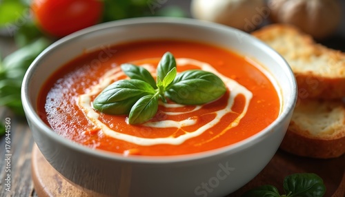 Creamy tomato soup with fresh basil garnish in white bowl with toasted bread slices. Warm savory dish served for lunch or dinner. Delicious homemade comfort food.