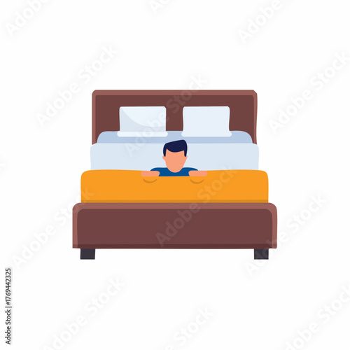 Man Lying in Bed Under the Covers Sleeplessness or Rest Flat Illustration