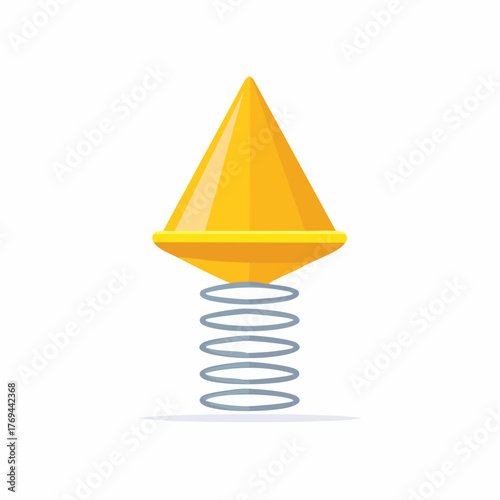 Bright yellow cone bouncing on a gray coiled spring symbolizing upward movement flexibility or support