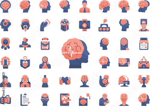 Neurology, Mental Wellness, and Psychological Care Flat Icon Set: Cognitive Health and Brain Function Vector