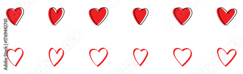 Modern red colour doodle heart icons set. Isolated abstract collection of love icons on white page. Hand-drawn valentine love icons. EPS 10. 