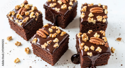 Stunning Homemade Romanian Tavalita Delicious Chocolate and Nuts Cake Pieces on a Pristine White Background, Captured Directly Above