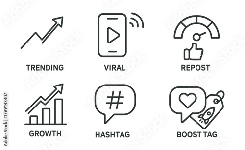 Series of icons for social media, including trending, viral, and repost
