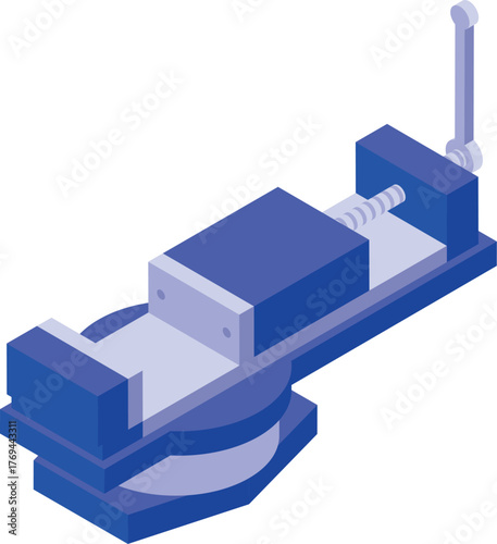 Isometric blue bench vise securely holding metal workpiece on rotating base, ideal for metalworking and fabrication projects