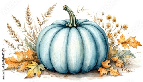 Blue pumpkin sits among fall leaves and dried plants, creating a serene watercolor illustration that captures the essence of autumn's harvest season and decorative elements