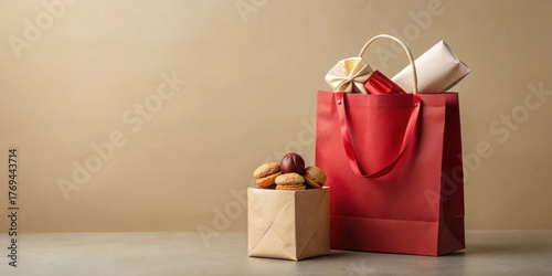 Red shopping bag with gifts and sweet treats on a neutral background