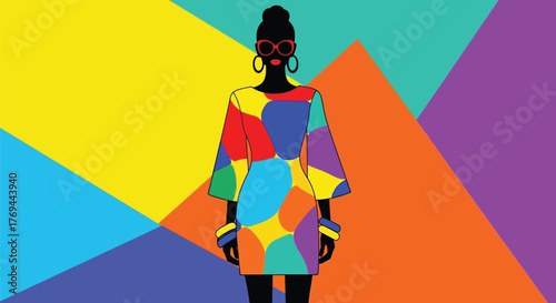 Stylish woman in a vibrant, colorful geometric dress and sunglasses against a bold abstract background