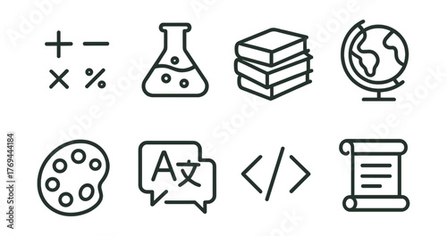 Set of icons for school supplies, including a book, a globe, a calculator