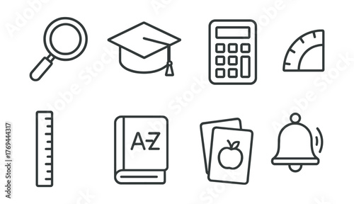 Set of icons for school supplies, including a ruler, calculator, and book