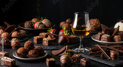 An exquisite dessert table arrayed with diverse chocolate candies, truffles, chocolate-dipped strawberries, and a fine liqueur glass.