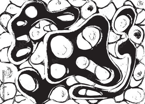 Abstract black and white design with fluid shapes representing organic forms and textures in a seamless pattern