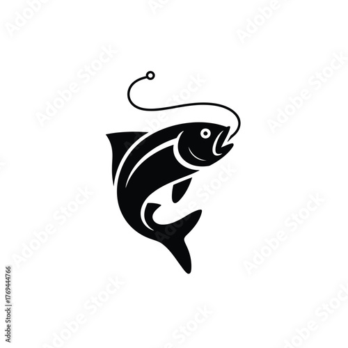 Black silhouette of a fish caught on a fishing hook