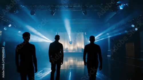 Silhouettes of people walking towards a brightly lit stage with blue spotlights and smoke at a concert or event