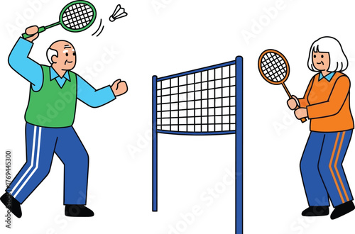 Active elderly couple enjoying a friendly game of badminton outdoors
