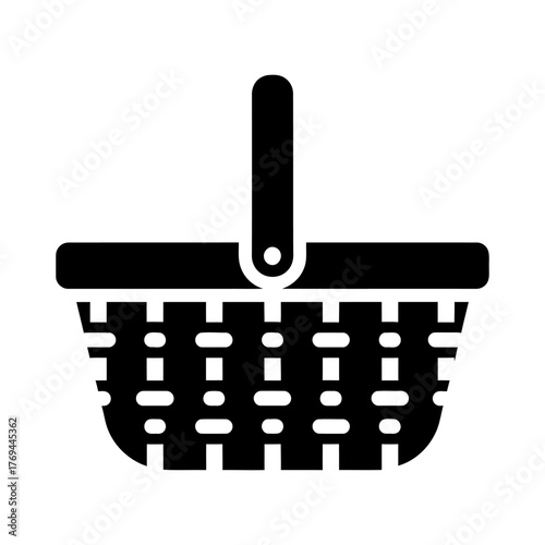 Black Glyph Basket Icon with Handle and Woven Pattern