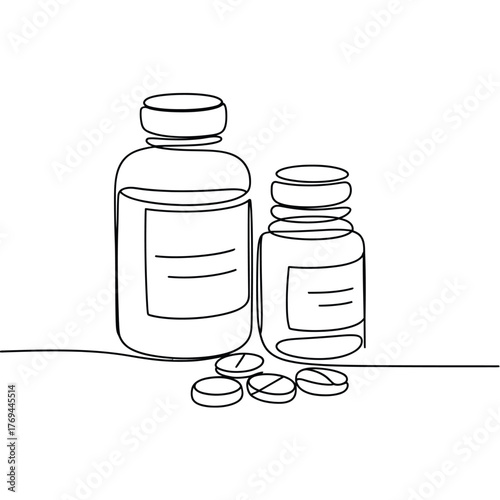 Simple line drawing of two medicine bottles and pills