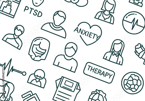 Mental Health, Anxiety, and Therapy Seamless Pattern Icon Set: Psychology and Wellness Background Vector