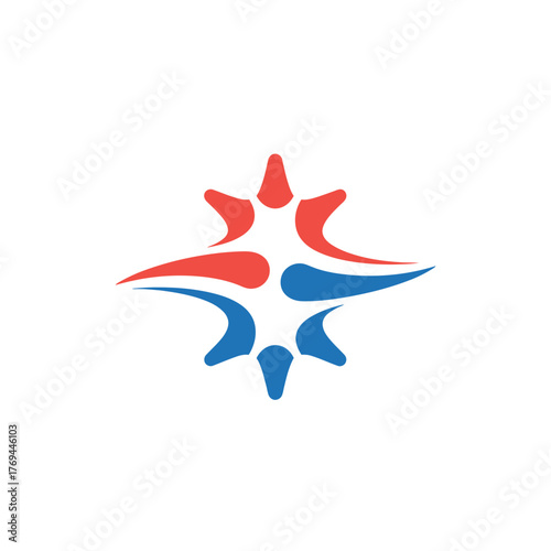 Abstract starburst or compass symbol in red and blue