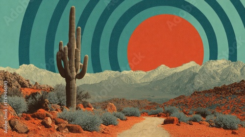 Retro desert landscape with cactus vintage, mountains, colorful