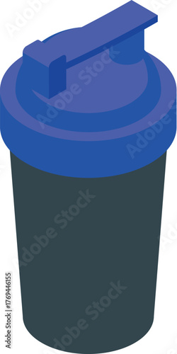Gray shaker bottle with blue cap for mixing protein shakes and fitness supplements, isometric view