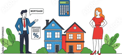 Real estate agent discusses mortgage options with a client next to houses and calculator