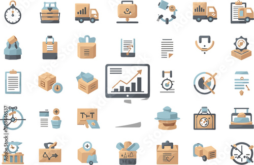 Logistics, Delivery, and Supply Chain Management Flat Icon Set: Shipping, Tracking, and Inventory Vector