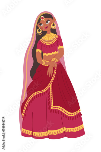 Beautiful Indian girl in traditional  sari costume. Darkskinned girl in oriental dress. Flat cartoon illustration