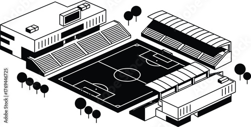 Isometric view of a modern soccer stadium with empty stands and field, representing sports and architecture.