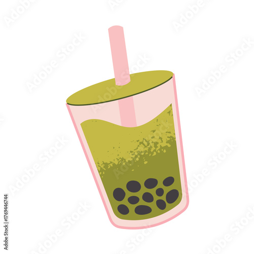 Bubble tea, milk tea with matcha. Drink with tapioca in plastic cup with straw. Vector illustration on white background