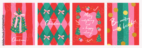 Merry Christmas and Happy New Year greeting card, banner, poster, cover templates. Modern bright Xmas design with beautiful doodle elements, Christmas tree, gifts, candy canes, golden confetti, bowы.