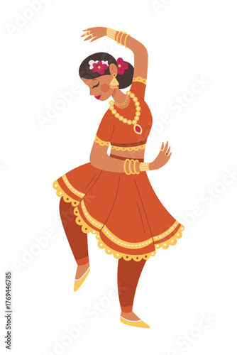 Dancing Indian girl in traditional dress. Indian woman in orange tunic and harem pants. Flat cartoon illustration
