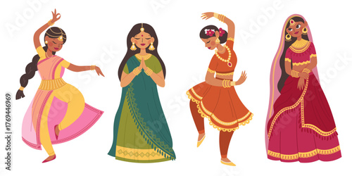 Indian woman in traditional Indian dress. Women's sari, salwar kameez, lehenga, anarkali. Dancing Indian woman, smiling swarthy girl. Vector flat illustratio