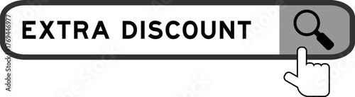 Search banner in word extra discount with hand over magnifier icon on white background