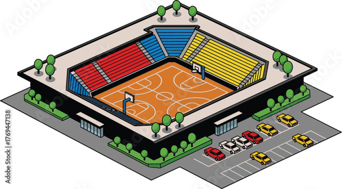 Vibrant isometric view of a modern sports arena ready for a game.